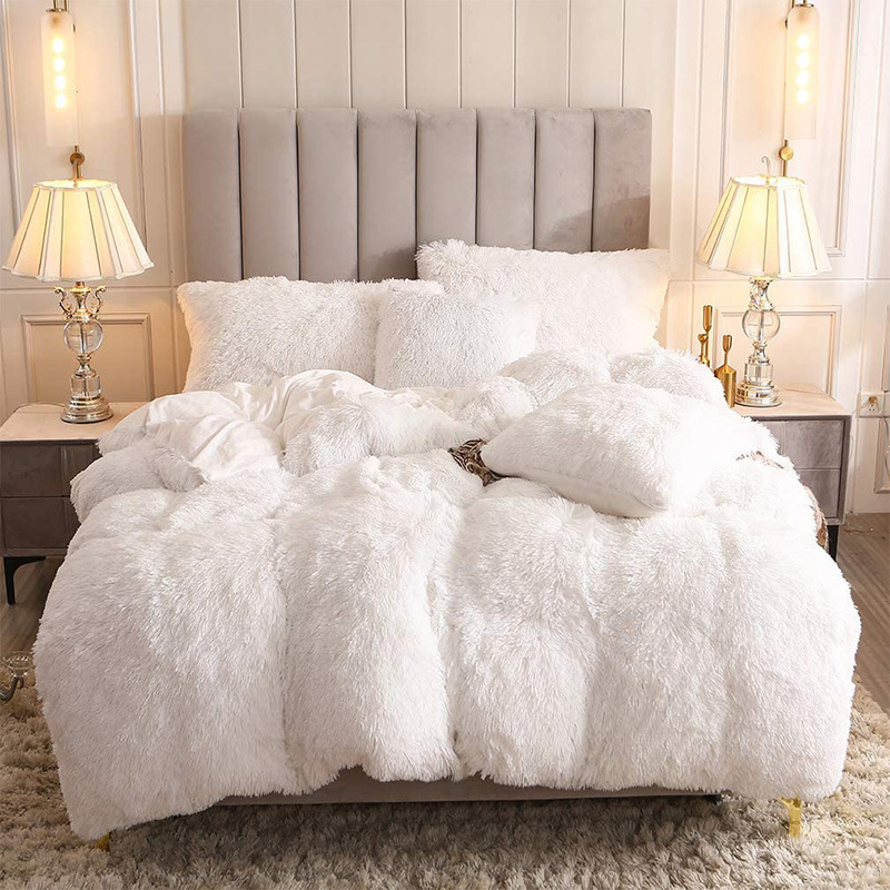 Wholesale luxury fluffy 3pcs duvet cover sets warm shaggy plush bedsheet crystal velvet bedding set for winter