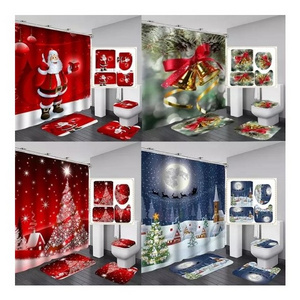 High Quality Polyester Designer 3D Printing Luxury Christmas Bathroom Shower Curtain 4 Pieces Set with hooks