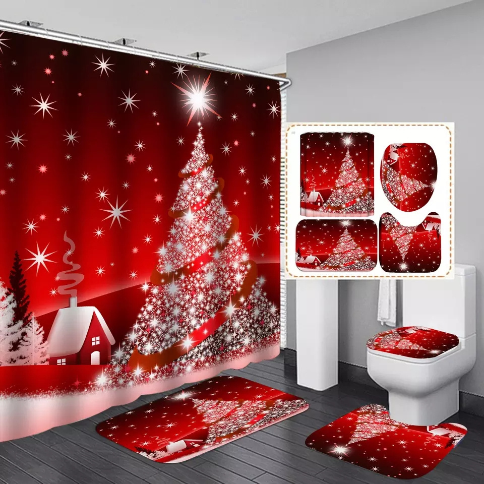 High Quality Polyester Designer 3D Printing Luxury Christmas Bathroom Shower Curtain 4 Pieces Set with hooks