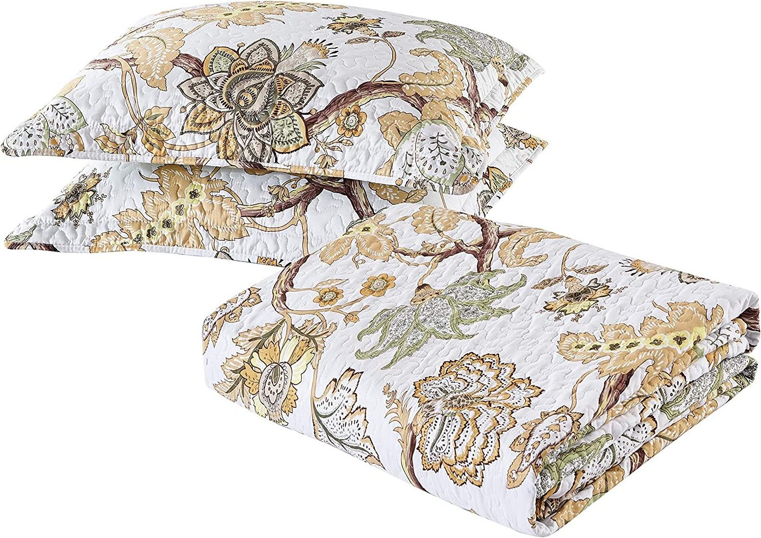 American Collection 3pc Modern Reversible Floral Home Bedroom Bedspread Coverlet Quilt Set with Matching Curtains