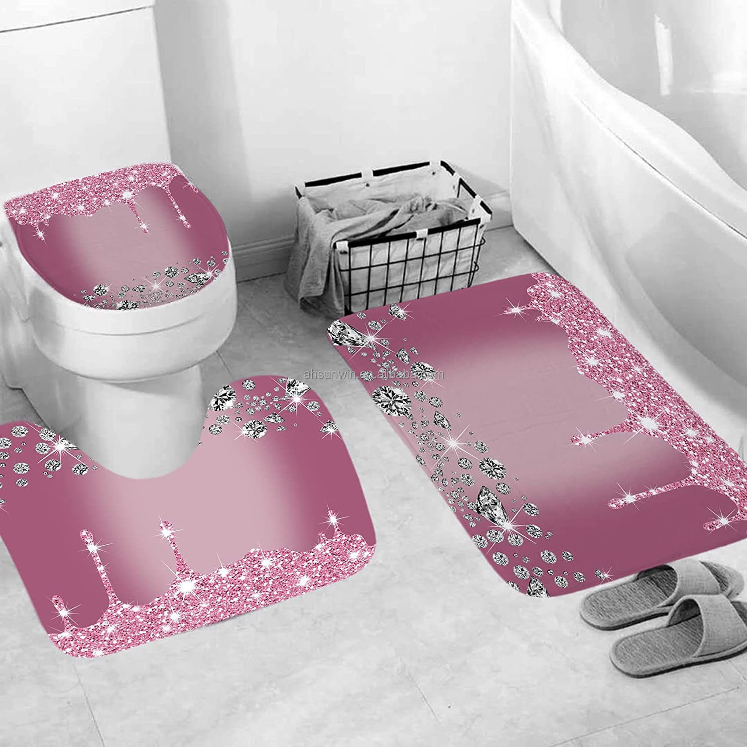 Sunwin 4PCS pink diamond shower curtain set 100% polyester shower curtain 3d  luxury for bathroom,hotel