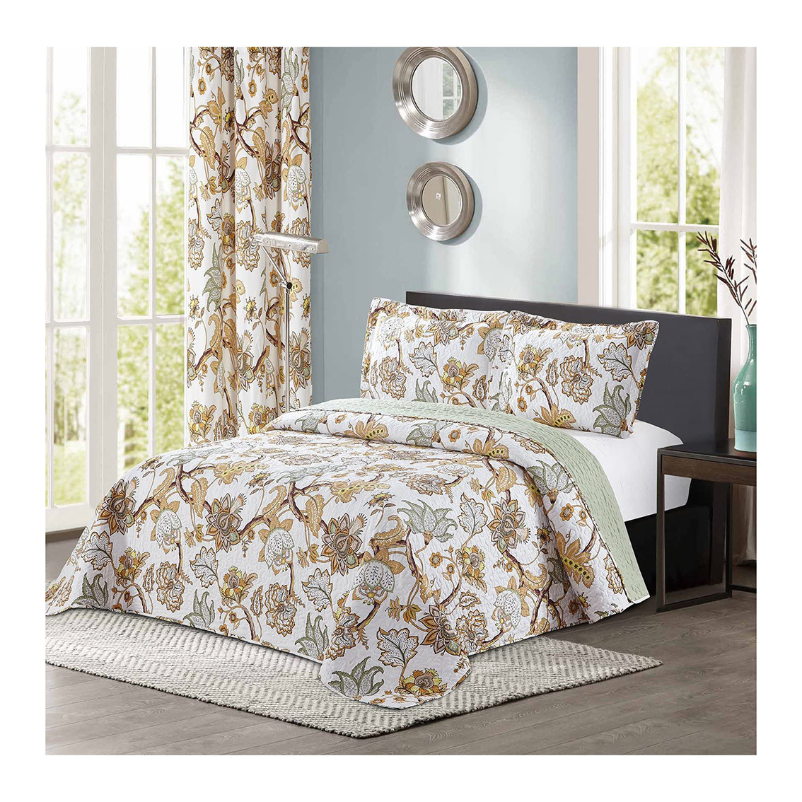 American Collection 3pc Modern Reversible Floral Home Bedroom Bedspread Coverlet Quilt Set with Matching Curtains