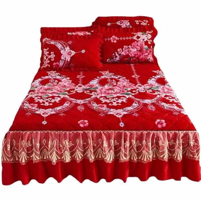 Sunwin Textile Factory Wholesale Princess Style Quilted Crystal Velvet Bed Skirt Lace Thickened Non-slip Bedspread