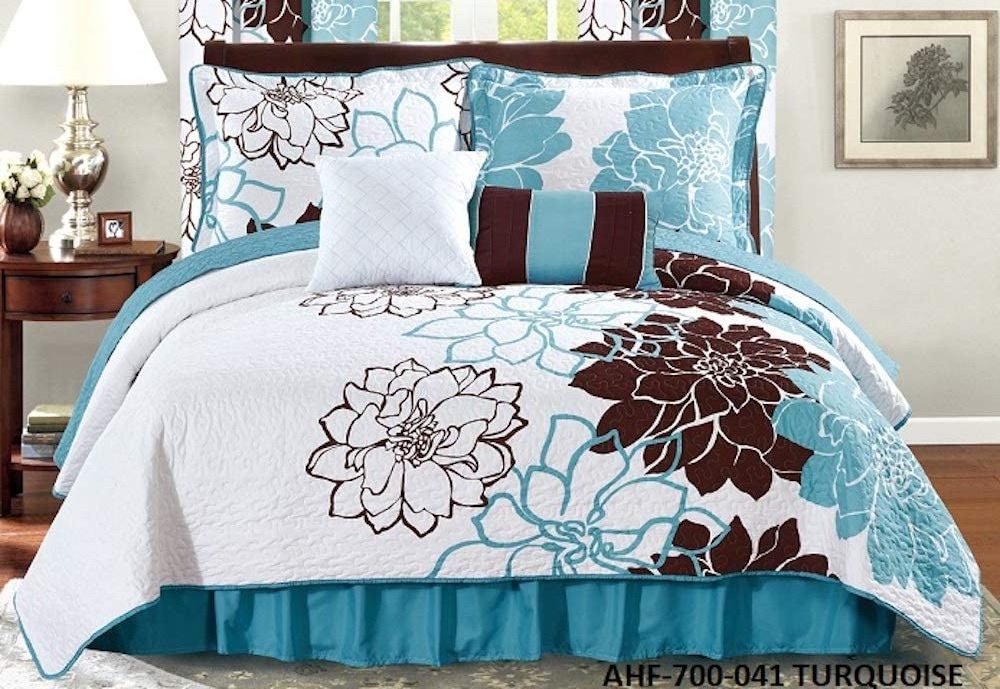 4pc Flower Printed Quilted Bedding 100% Microfiber Bedspread Set with Dust Ruffle Purple/Grey