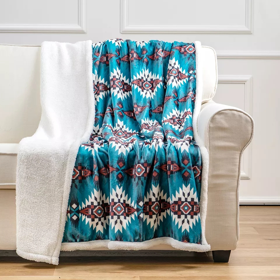 Wholesale Winter Blanket Blue River Southwest Throw Sherpa Blanket Western Aztec Native American Indian Winter Blanket Big Size