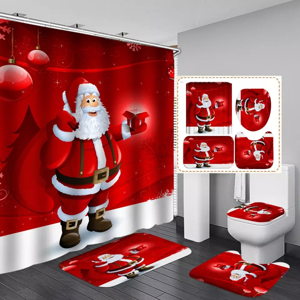 High Quality Polyester Designer 3D Printing Luxury Christmas Bathroom Shower Curtain 4 Pieces Set with hooks