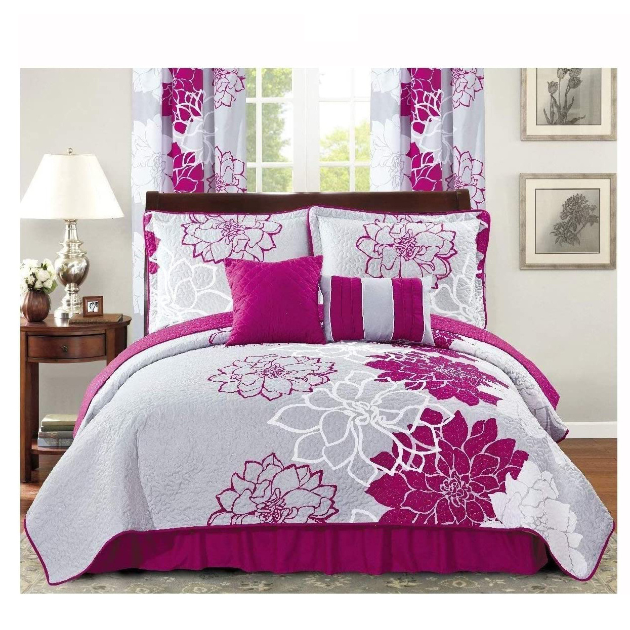 4pc Flower Printed Quilted Bedding 100% Microfiber Bedspread Set with Dust Ruffle Purple/Grey