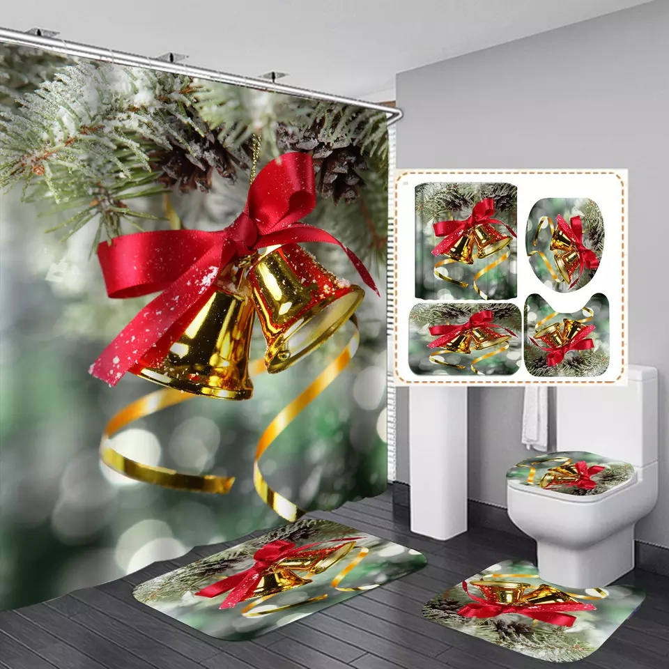 High Quality Polyester Designer 3D Printing Luxury Christmas Bathroom Shower Curtain 4 Pieces Set with hooks