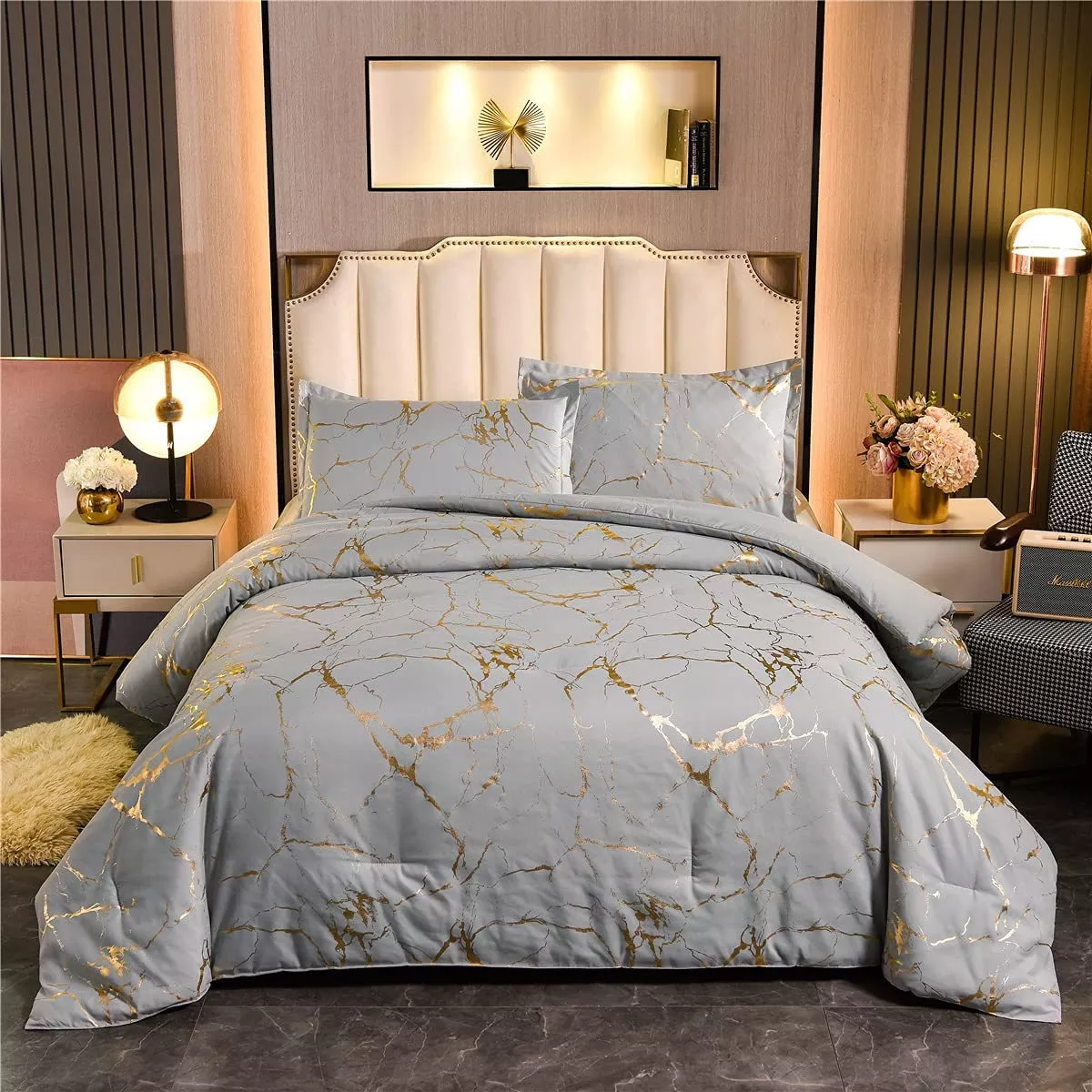 SUNWIN Popular Wedding Gold Metallic Marble Comforter Set King Size Foil Print Glitter Bedding Set