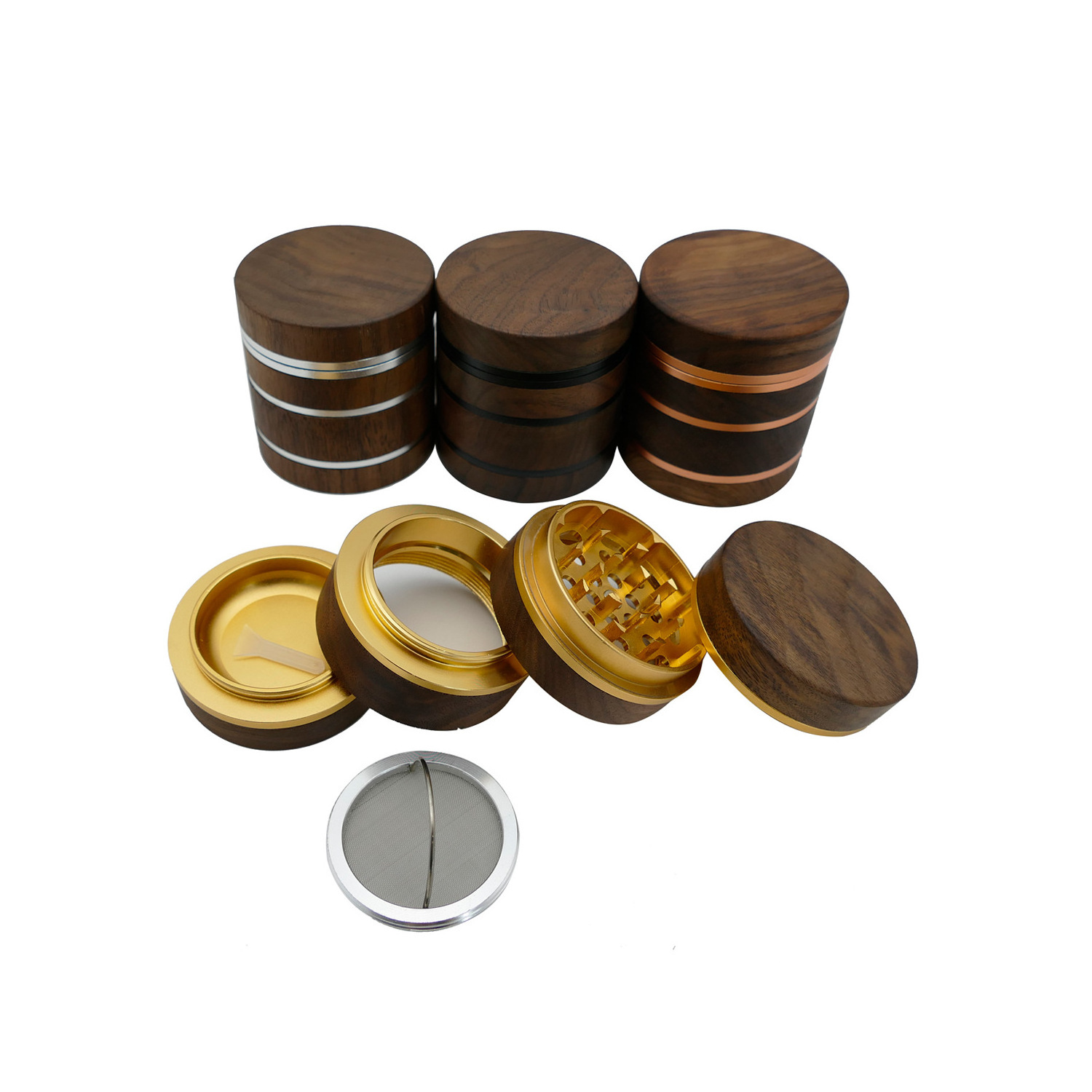 Luxury Walnut Aluminum Alloy 63mm Wooden Herb Mill 4 Layers Smoke Spice Grinder