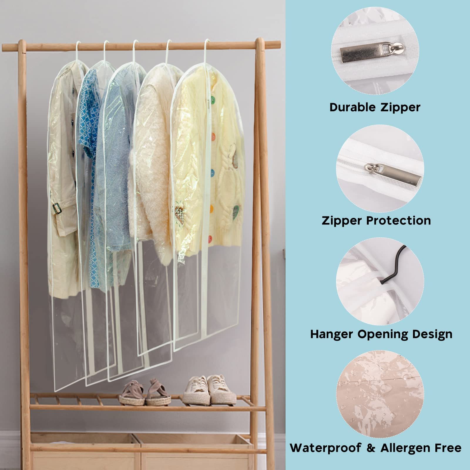 Garment Bags for Hanging Clothes Clear Plastic Dress Cover Zipper Suit Bags PEVA Garment Covers for Closet