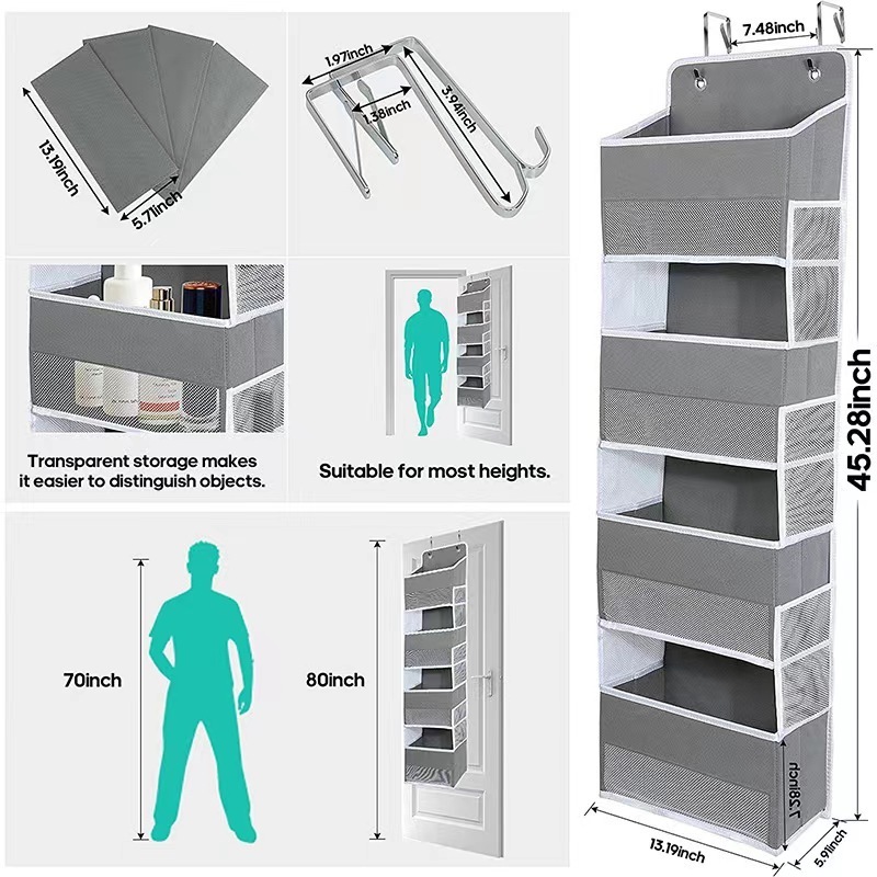 Hanging Storage Door Organizer with Zipper 6-shelf Over The Door Organizer, 1 Split Into 2 Fabric Injection Clothing Organizer