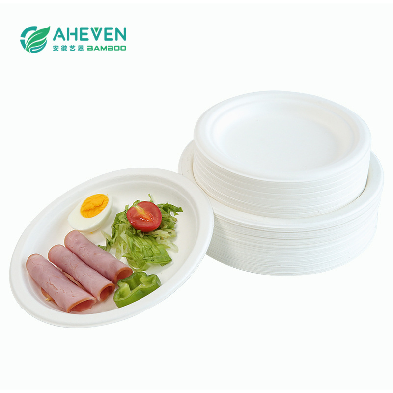 Hot 7inch round plate disposable bagasse plate with label