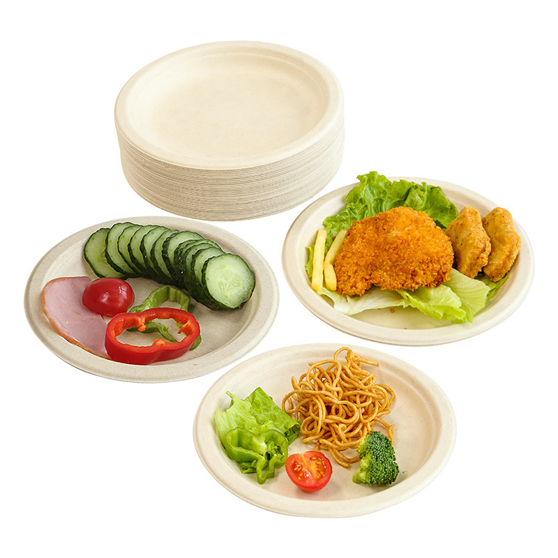 Hot 7inch round plate disposable bagasse plate with label