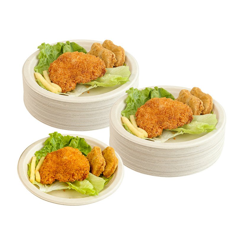 Hot 7inch round plate disposable bagasse plate with label