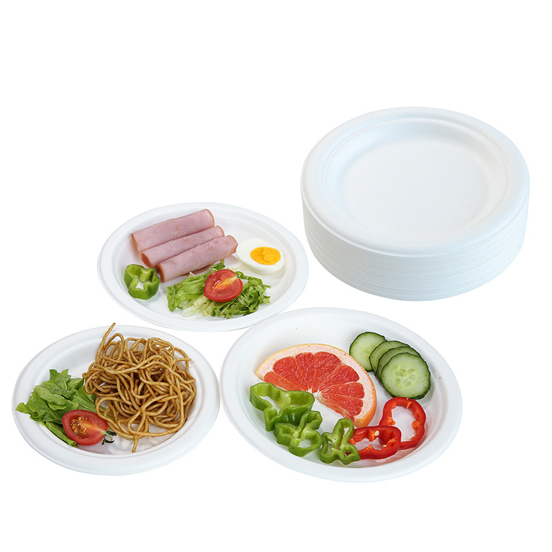 Hot 7inch round plate disposable bagasse plate with label