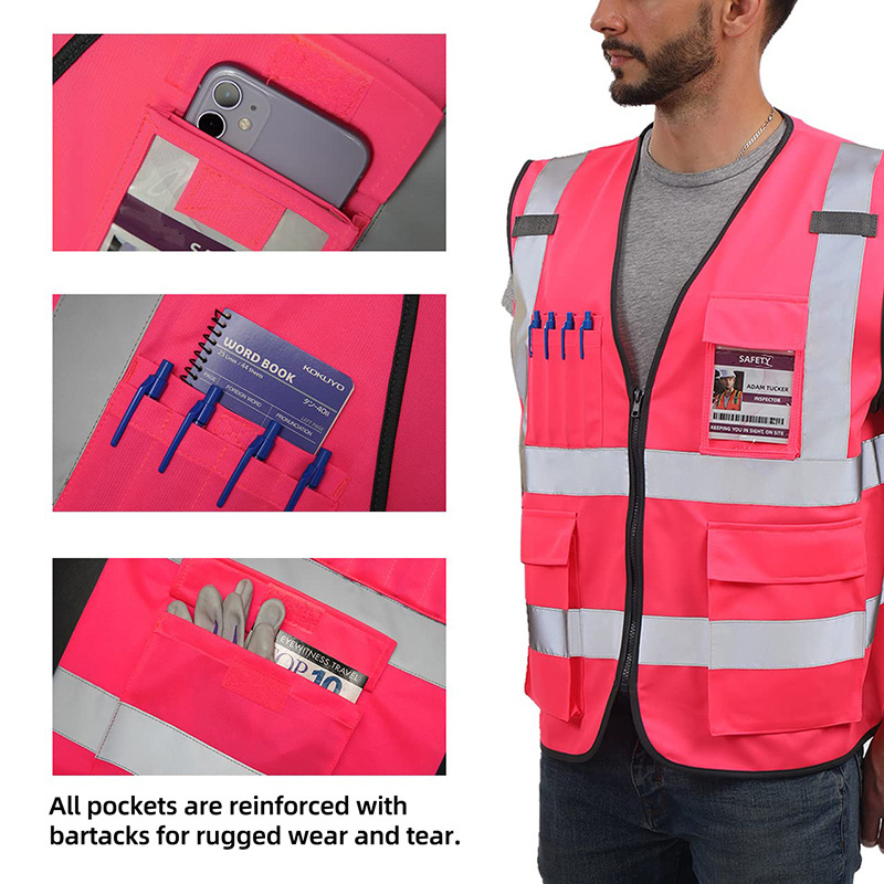 Factory breathable customized logo high visibility reflective construction workers black tone safety vest