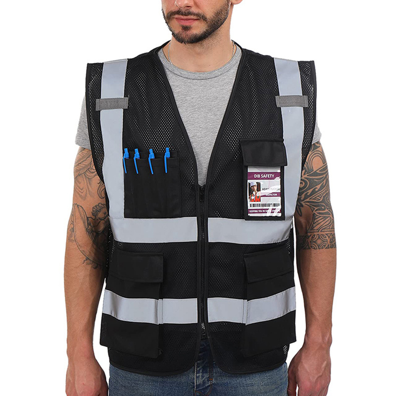 Factory breathable customized logo high visibility reflective construction workers black tone safety vest