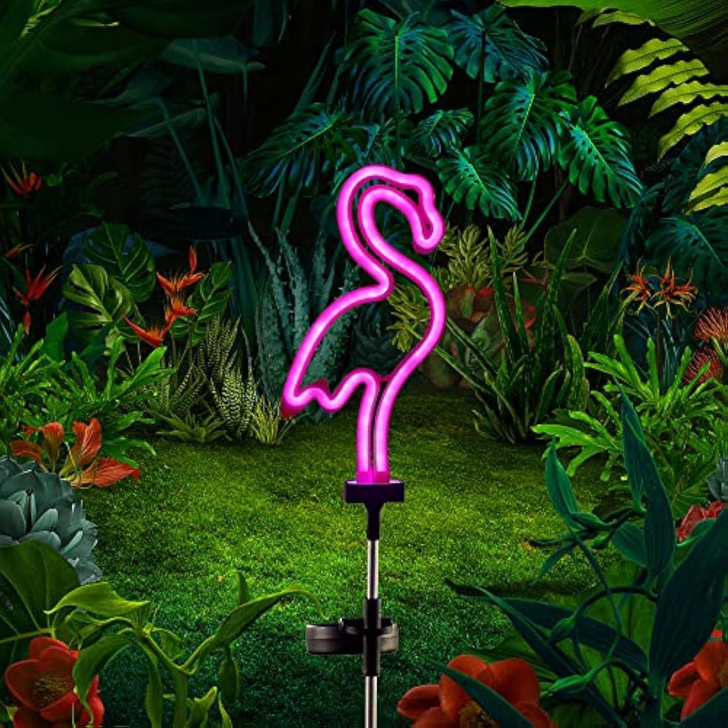 Outdoor Waterproof Solar Led Neon Stake Light Pink Flamingo Neon Lawn Lamp Garden Pathway Decorative Stake Lights