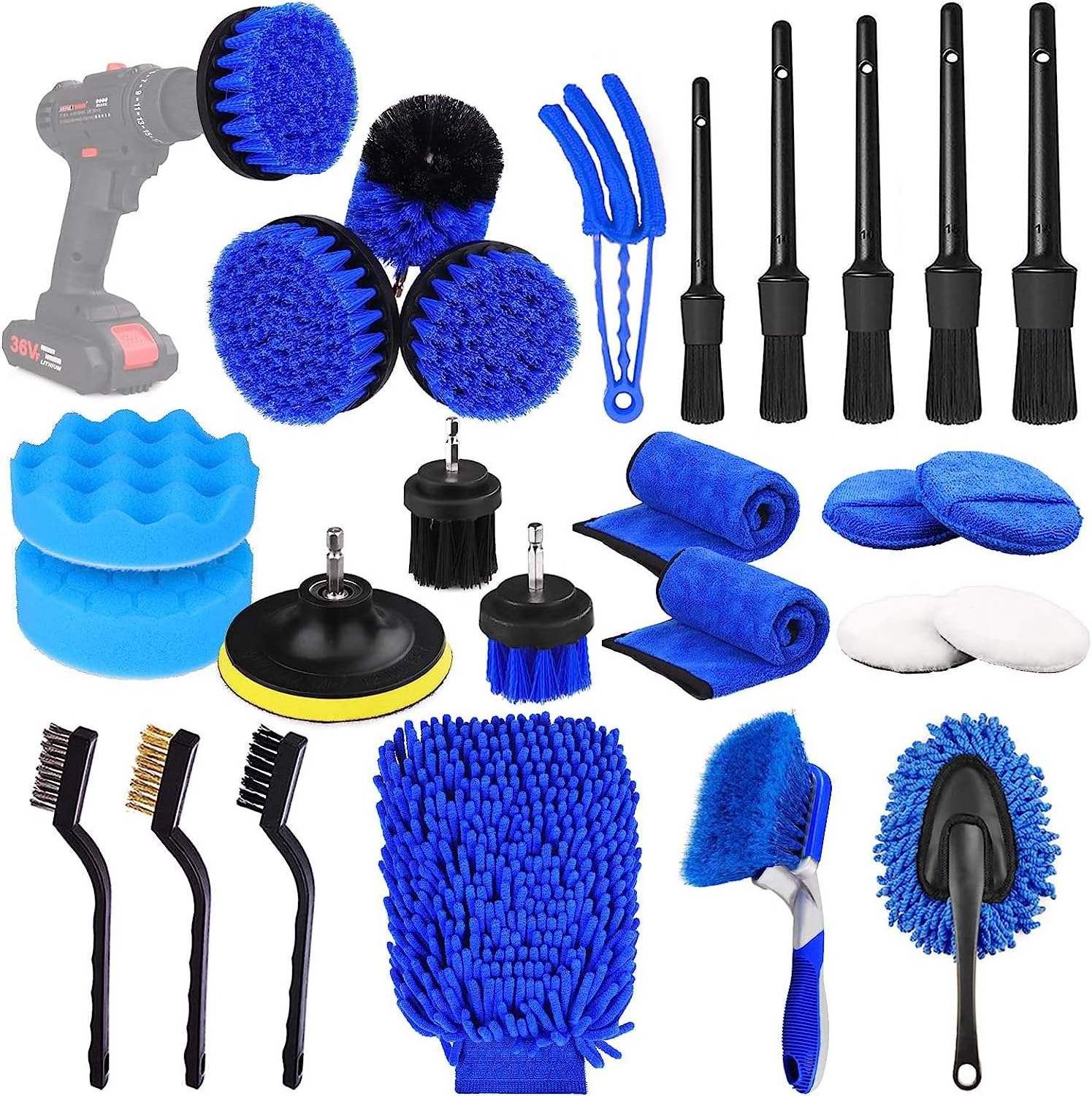 Zhenda factory 26 Pcs Car Detailing Brush Set Auto Drill Clean Brushes Buffing Sponge Pads Cleaning Tools