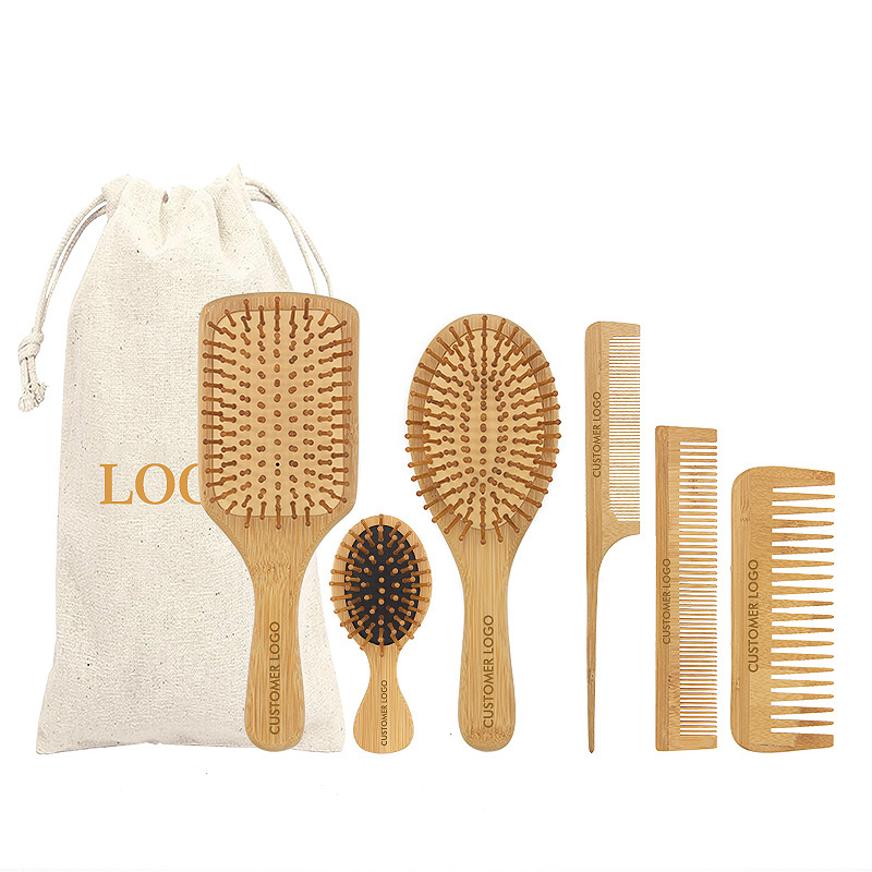 6 In 1 Custom Logo Natural  Paddle Hair Brush Set Bamboo Wood Hair Brush and Comb Set Detangling Hair Brush Set for Women