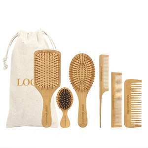 6 In 1 Custom Logo Natural  Paddle Hair Brush Set Bamboo Wood Hair Brush and Comb Set Detangling Hair Brush Set for Women