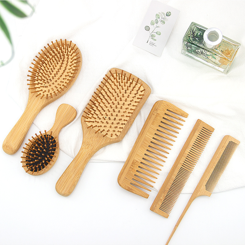 6 In 1 Custom Logo Natural  Paddle Hair Brush Set Bamboo Wood Hair Brush and Comb Set Detangling Hair Brush Set for Women