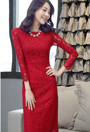 summer autumn 2018 new Korean version lace long sleeves red long dress