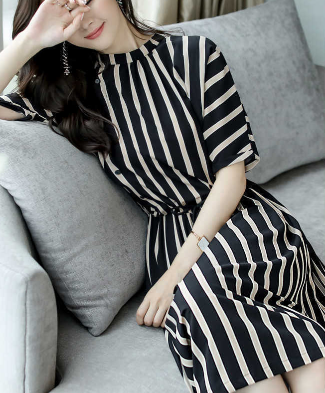 Fashion design ladies clothing Korean short sleeve stripe dresses chiffon girl summer dress