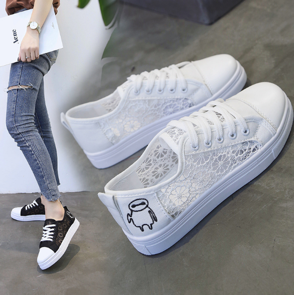 New design cheap factory wholesale custom casual fashion students girls lace-up Mesh hollow flat women white sport shoes