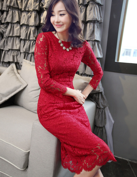 summer autumn 2018 new Korean version lace long sleeves red long dress