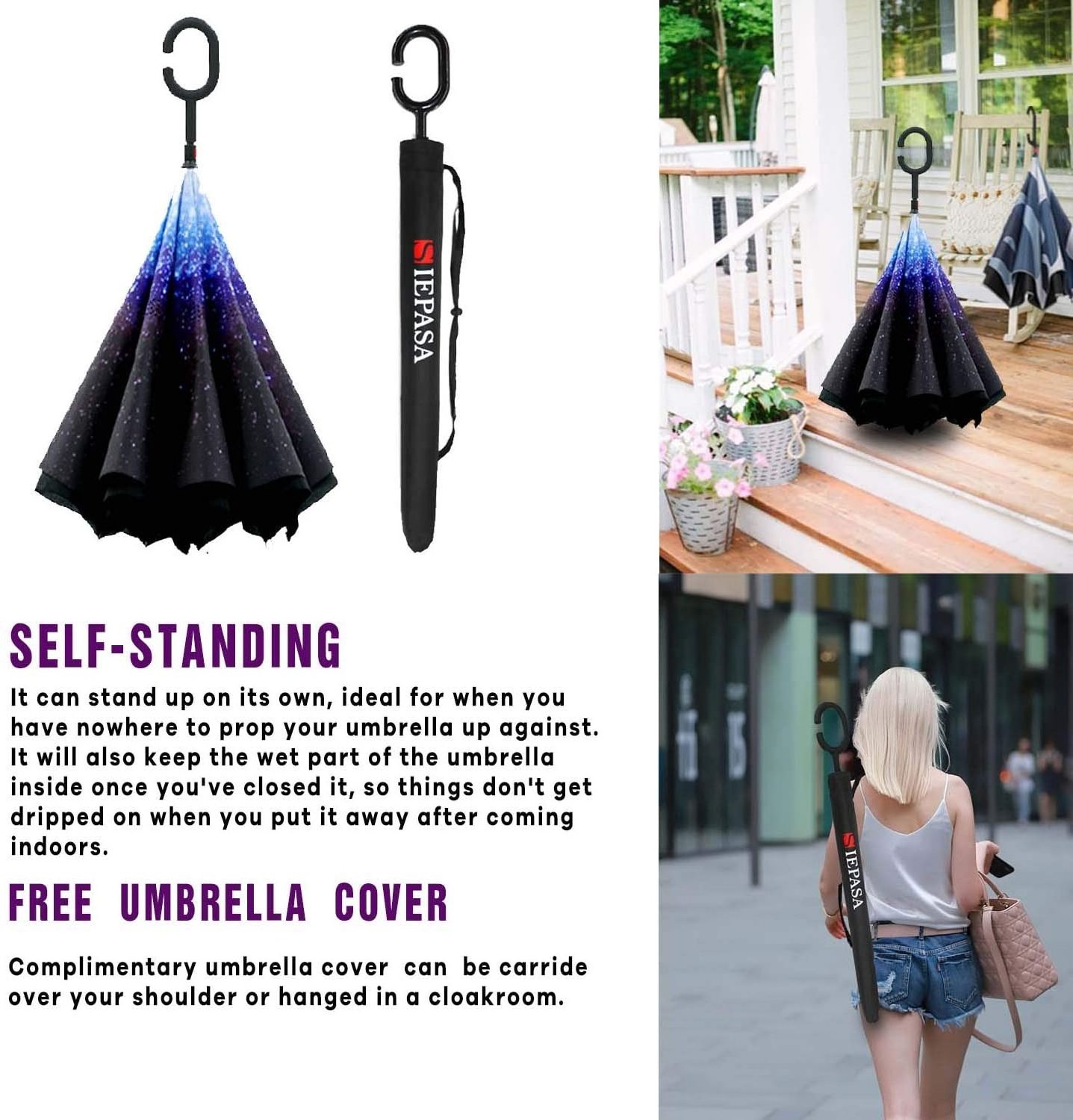 AI-MICH Wind Resistant Hands Free Inverse Inside Out C Handle Smart Reverse Upside-Down Double Layer Inverted Umbrella