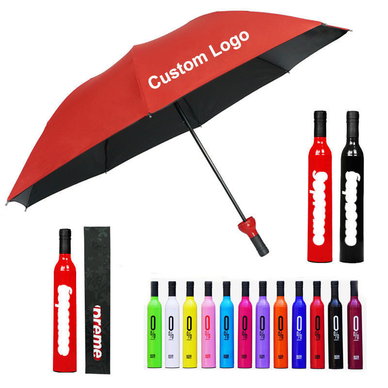 AI-MICH Custom Printing Advertise Business Gift Promotion Travel Rainy Sunny 3 Folding Umbrella Foldable Wine Bottle Umbrellas