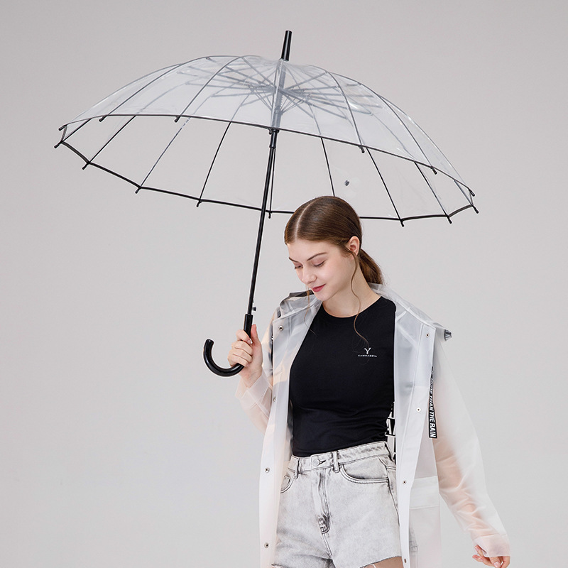 AI-MICH Girls Windproof Clear Rainy PVC Photo Dome Wave White Stick Long Shaft Straight Transparent Umbrellas Smart Umbrella