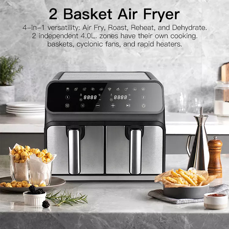 Household 10L Touch Screen Double Air Fryer Electric Deep Fryer Oven Smart Air Fryers With 2 Independent Baskets