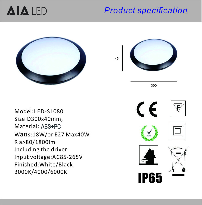 Round IP65 waterproof ceiling mounted outdoor E27 18W led ceiling lighting exterior led ceiling lamp for balcony