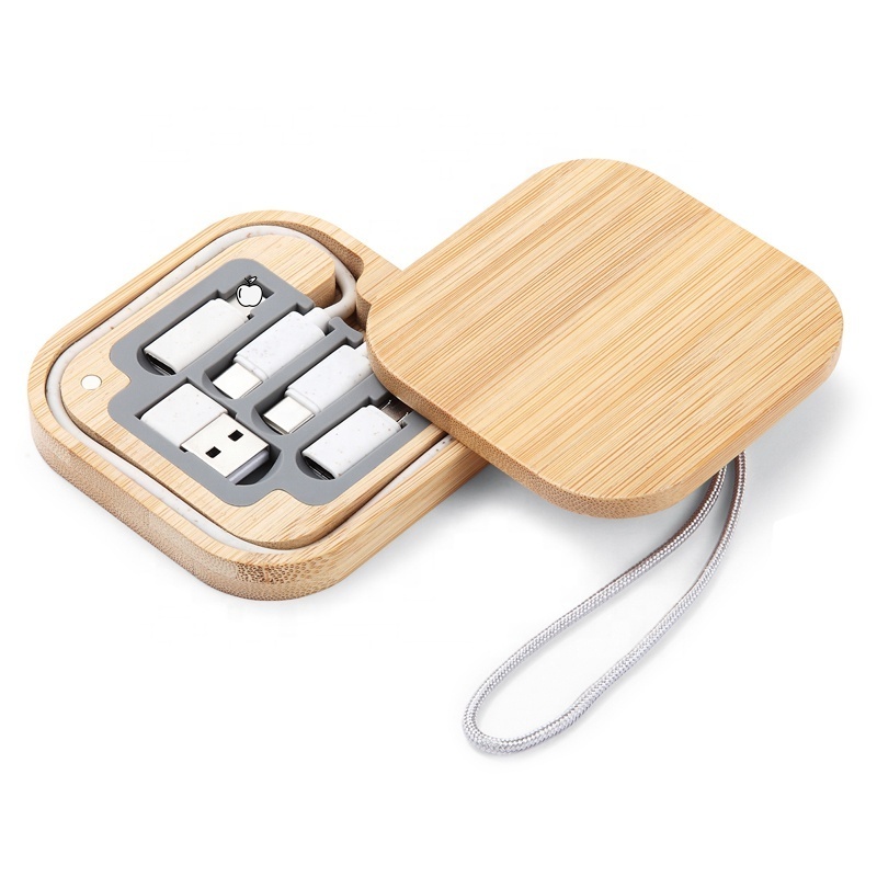 New eco case retractable 6 in 1 charge cable kit bamboo portable fast 60w charging cable 60w data cable storage box