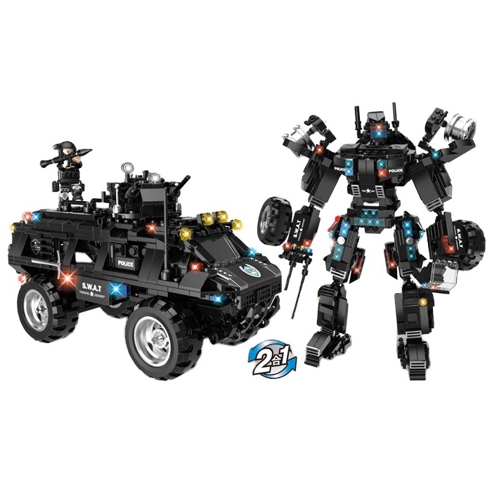 Wholesale Custom 2 in 1 Swat Corps Robot Car Plastic Small Bricks Building Block Anti Riot Armored Vehicle Set