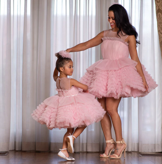 mom and me matching flower girl party dress solid color cake pink tiered  mom and daughter dress