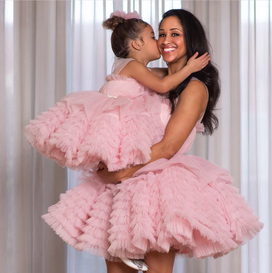 mom and me matching flower girl party dress solid color cake pink tiered  mom and daughter dress