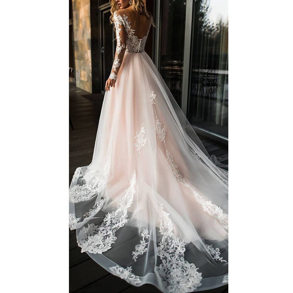 2019 Blush pink boho wedding dresses v neck long sleeves beach bohemian bridal gowns sweep train