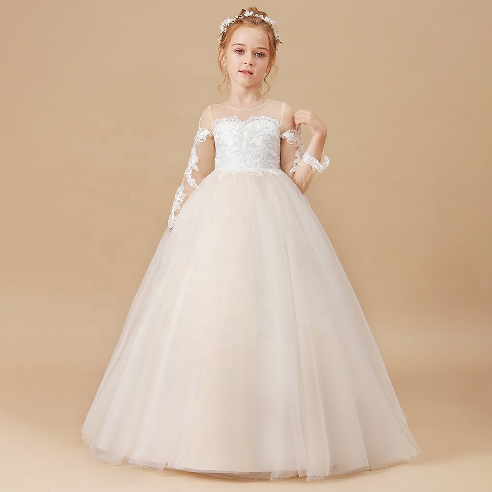 long sleeve kids ball gown embroidered children clothing kids wedding dress fancy party dress for girls 2-12years