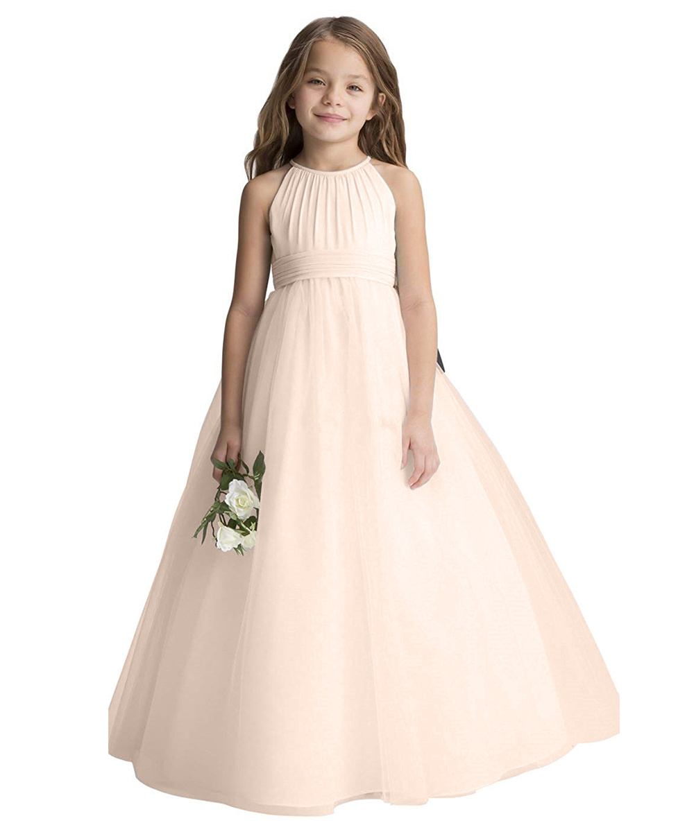 Kids White Princess Birthday Party Frock Fashion Crew Neck Children Tulle Bridesmaid Wedding Flower Girl Dress