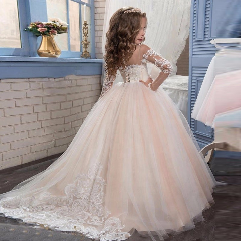 long sleeve kids ball gown embroidered children clothing kids wedding dress fancy party dress for girls 2-12years