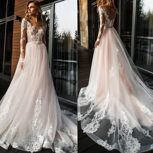 2019 Blush pink boho wedding dresses v neck long sleeves beach bohemian bridal gowns sweep train