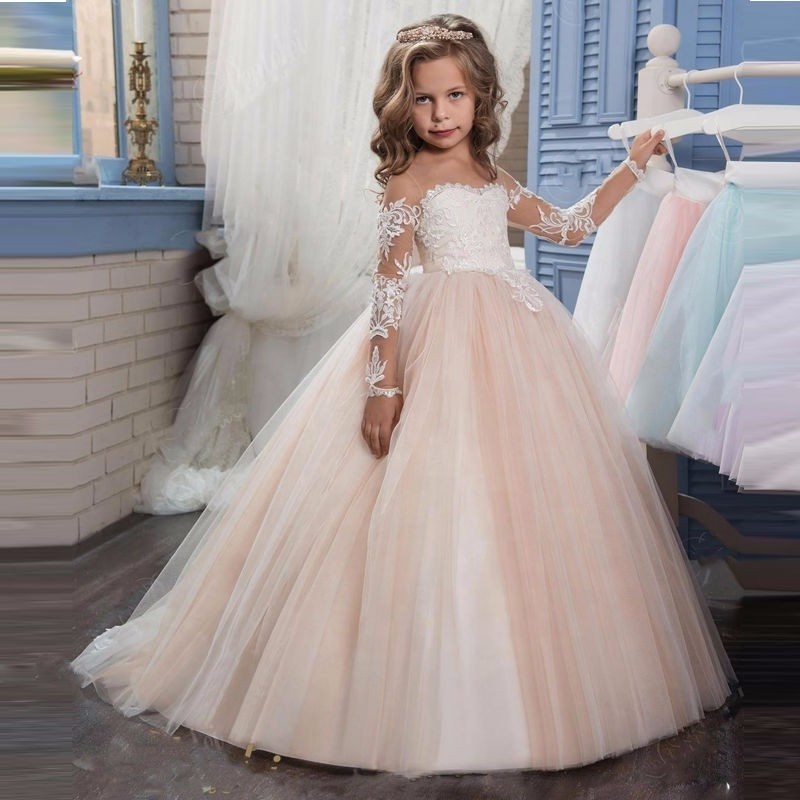 long sleeve kids ball gown embroidered children clothing kids wedding dress fancy party dress for girls 2-12years