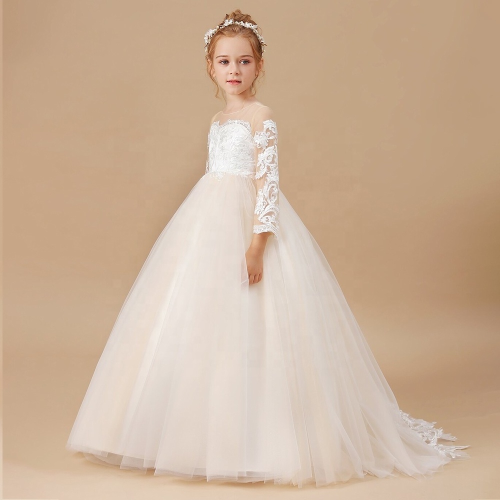 long sleeve kids ball gown embroidered children clothing kids wedding dress fancy party dress for girls 2-12years