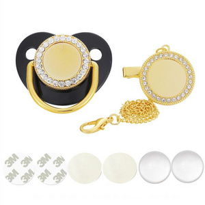 Sublimation Blank Baby Pacifier Rhinestone Dummy Clips Chain Gold BPA Free Silicone Pacifier