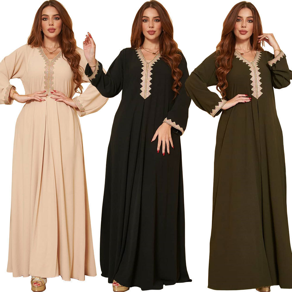 AB163 Autumn Winter Middle Eastern Muslim Fashion Lace European and American Ethnic Style Southeast Asian Women's Swing Dress