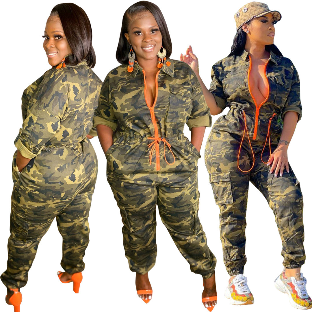 Wholesale 2022 fashion sexy women turn-down collar short sleeve camouflage jumpsuits (YM204)